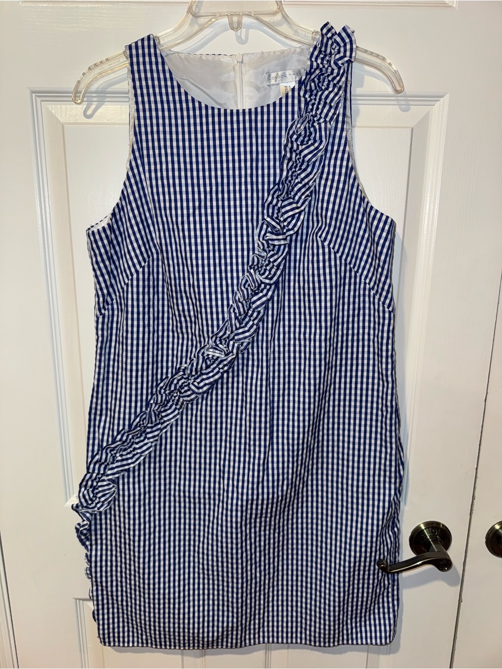 London Times Navy and White Gingham Ruffle Shift Dress